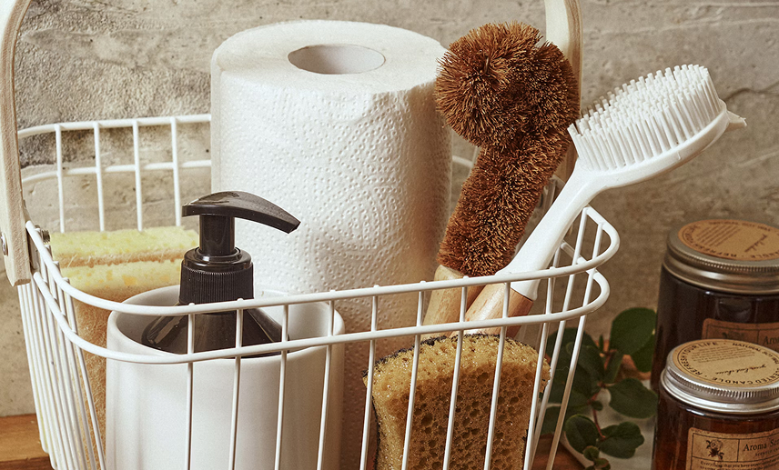 A basket with tools of cleaning equipments
